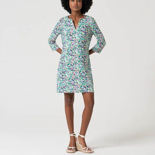 Vestido manga al codo estampado verde y rosa de Surkana Vestido manga al codo estampado verde y rosa de Surkana