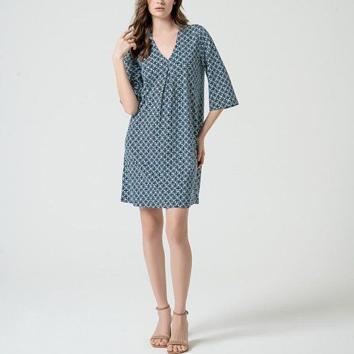 Vestido manga al codo estampado geométrico azul de Surkana Vestido manga al codo estampado geométrico azul de Surkana